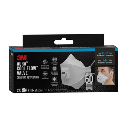 Una scatola rettangolare nera della 3M™ Aura™ Comfort Cool Flow™ Maschera antiparticolato 9322+ di 3M Deutschland GmbH con un'immagine della maschera bianca FFP2 con valvola mostra una filtrazione del 94% e contiene due maschere.