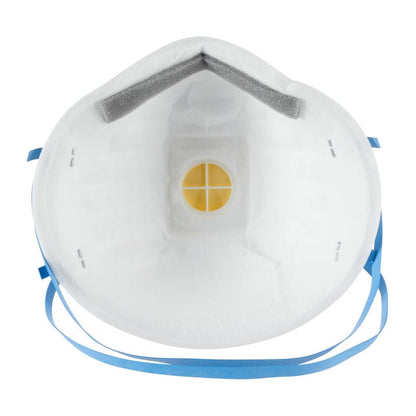 La maschera antiparticolato 3M™ Cool Flow™ 8822, FFP2, di 3M Deutschland GmbH è una maschera respiratoria bianca con valvola gialla al centro, schiuma grigia sopra per imbottitura e due bande elastiche blu ai lati.