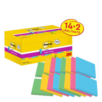 Una scatola gialla con Post-it® Super Sticky Z-Notes (3M Deutschland GmbH), 76x76 mm, 14 blocchi + 2 gratis, mostra note adesive blu, rosa, gialle e verdi; 100% certificato PEFC (SGSCH-PEFC-COC-110078), 90 fogli/blocco.