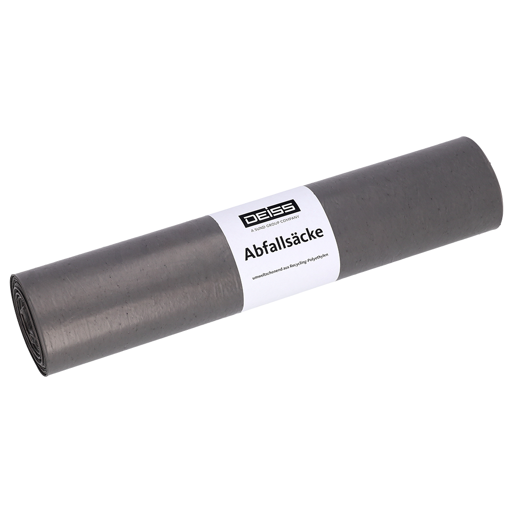 Un pacchetto arrotolato di sacchi per rifiuti EMIL DEISS KG (GmbH + Co.) DEISS Tipo 60, 70L, 575x1000 mm, in LDPE riciclato con etichetta bianca.