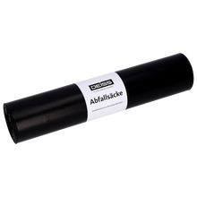 Eine Rolle EMIL DEISS KG (GmbH + Co.) DEISS 25002 schwarze Müllsäcke (500+200x1100x0,1 mm, 10 Stück) mit weißem "DEISS Abfallsäcke" Etikett vor schlichtem, hellgrauem Hintergrund - vielseitig einsetzbar.