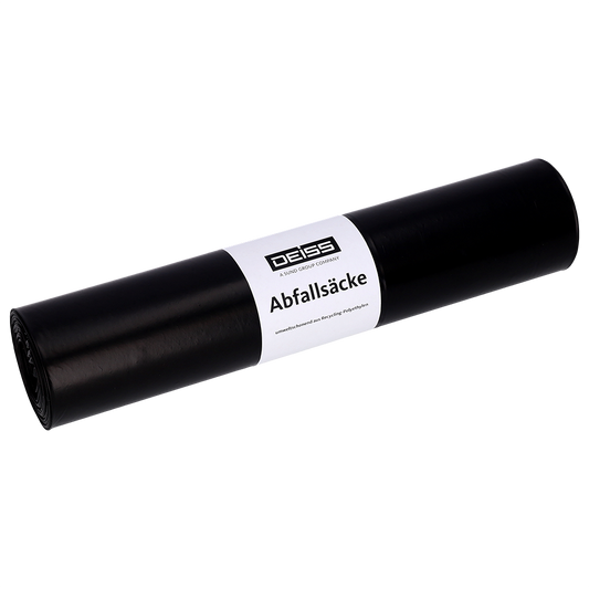 Eine schwarze DEISS 25709 Müllsackrolle (25 Stück, 575x1000 mm) der EMIL DEISS KG (GmbH + Co.) mit weißem Etikett steht auf einem unifarbenen hellgrauen Hintergrund - perfekt für effiziente Abfallmanagement- und Verpackungslösungen.