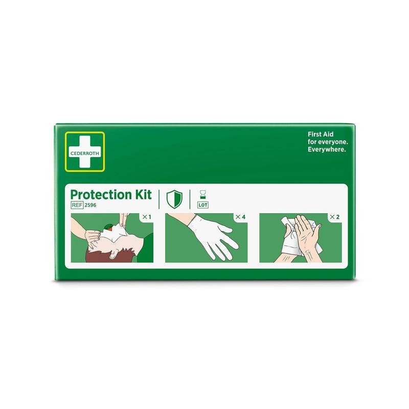 Una scatola verde con la scritta "Kit di protezione" di Orkla Wound Care AB contiene una maschera facciale con valvola, quattro guanti e istruzioni su un detergente sicuro per la pelle. Il testo dice: "Primo soccorso per tutti. Ovunque." La confezione contiene 1 pezzo.