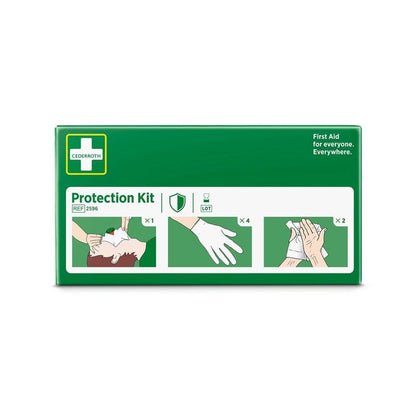 Una scatola verde con la scritta "Kit di protezione" di Orkla Wound Care AB contiene una maschera facciale con valvola, quattro guanti e istruzioni su un detergente sicuro per la pelle. Il testo dice: "Primo soccorso per tutti. Ovunque." La confezione contiene 1 pezzo.