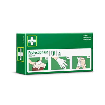 Una scatola verde di Orkla Wound Care AB con la scritta "Kit di protezione" contiene immagini per RCP, guanti e pulizia delle mani. La confezione contiene 1 maschera respiratoria con valvola monouso, 4 guanti e 2 detergenti sicuri per la pelle. Per il primo soccorso ovunque.