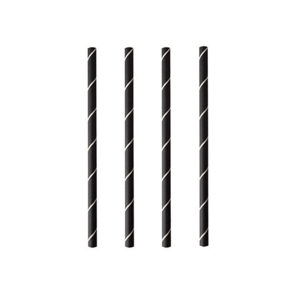 Quattro PAPSTAR cannucce da cocktail 7 mm, nero/bianco "Stripes", 15 cm (250 pezzi) della PAPSTAR GmbH sono disposte verticalmente su uno sfondo bianco e mettono in risalto queste eleganti e ecologiche cannucce di carta.