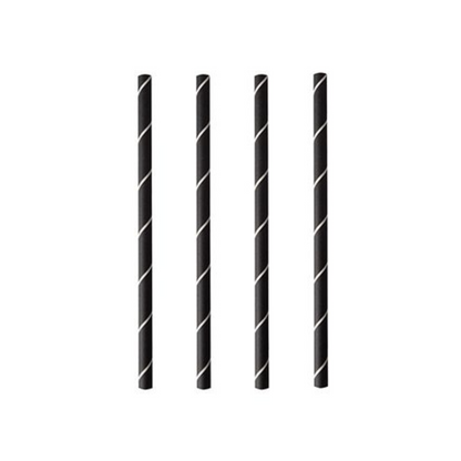 Quattro PAPSTAR cannucce da cocktail 7 mm, nero/bianco "Stripes", 15 cm (250 pezzi) della PAPSTAR GmbH sono disposte verticalmente su uno sfondo bianco e mettono in risalto queste eleganti e ecologiche cannucce di carta.