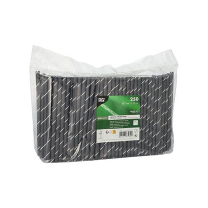 Una confezione di plastica trasparente con 250 cannucce da cocktail PAPSTAR GmbH, 7 mm x 15 cm, con motivo a strisce nero/bianco. Sulla parte anteriore è visibile un'etichetta di prodotto PAPSTAR verde e bianca.