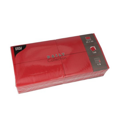 Un imballaggio rosso appariscente dei tovaglioli "DAILY Collection" di PAPSTAR GmbH attira l'attenzione. Nell'angolo superiore, le icone forniscono informazioni su dimensioni, quantità e piegatura: 32 x 32 cm, 150 tovaglioli, con piegatura 1/8. Ideale per la decorazione della tavola con una miscela di stile e funzionalità.