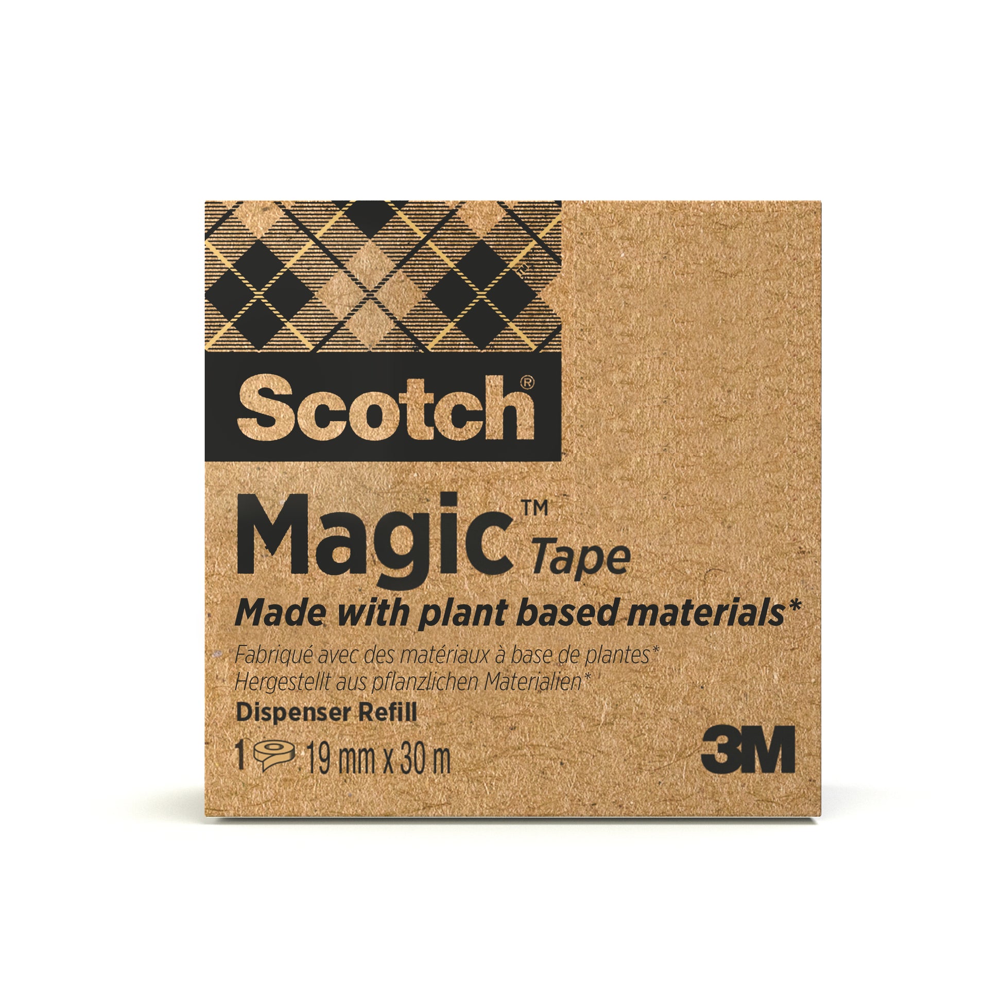Das Scotch® Magic™ Klebeband 9-1930R von 3M Deutschland GmbH besteht zu 66 % aus pflanzlichem Klebstoff, misst 19 mm x 30 m pro Rolle und wird in einer Verpackung mit englischem, französischem und deutschem Text als Spender-Nachfüllpackung geliefert.