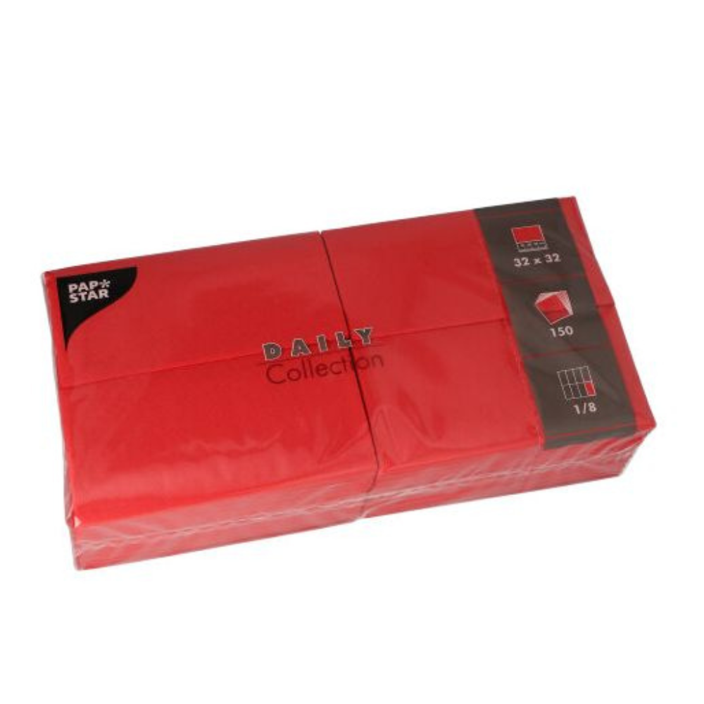 Un pacchetto rosso di tovaglioli "DAILY Collection" di PAPSTAR GmbH offre 150 tovaglioli di carta nel formato 32 x 32 cm, ciascuno piegato otto volte, per un'accoglienza sostenibile. Ideale per ogni decorazione della tavola.