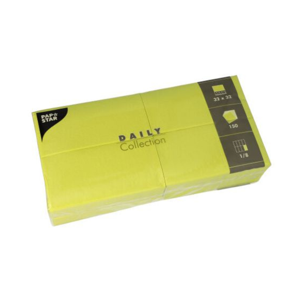 I tovaglioli PAPSTAR 'DAILY Collection' della PAPSTAR GmbH comprendono 150 tovaglioli giallo brillante, ciascuno di 32 x 32 cm e piegato in una pratica dimensione 1/8. Questi tovaglioli sono ideali per aggiungere un tocco di colore alla vostra decorazione da tavola, offrendo allo stesso tempo un comfort sostenibile in ogni dettaglio.