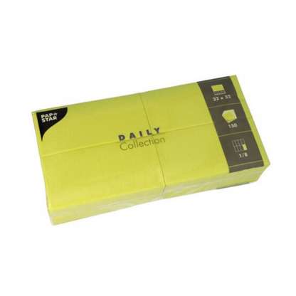 I tovaglioli PAPSTAR 'DAILY Collection' della PAPSTAR GmbH comprendono 150 tovaglioli giallo brillante, ciascuno di 32 x 32 cm e piegato in una pratica dimensione 1/8. Questi tovaglioli sono ideali per aggiungere un tocco di colore alla vostra decorazione da tavola, offrendo allo stesso tempo un comfort sostenibile in ogni dettaglio.