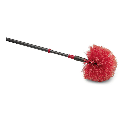 La Nölle Profi Brush Staubbiene Kugelkopf con manico telescopico, 170 cm (1 pezzo) di Nölle Profi Brush Bürsten- & Pinseltechnik e.K. ha una testa di setole rotonda rossa e un manico telescopico nero, raffigurato su sfondo bianco.