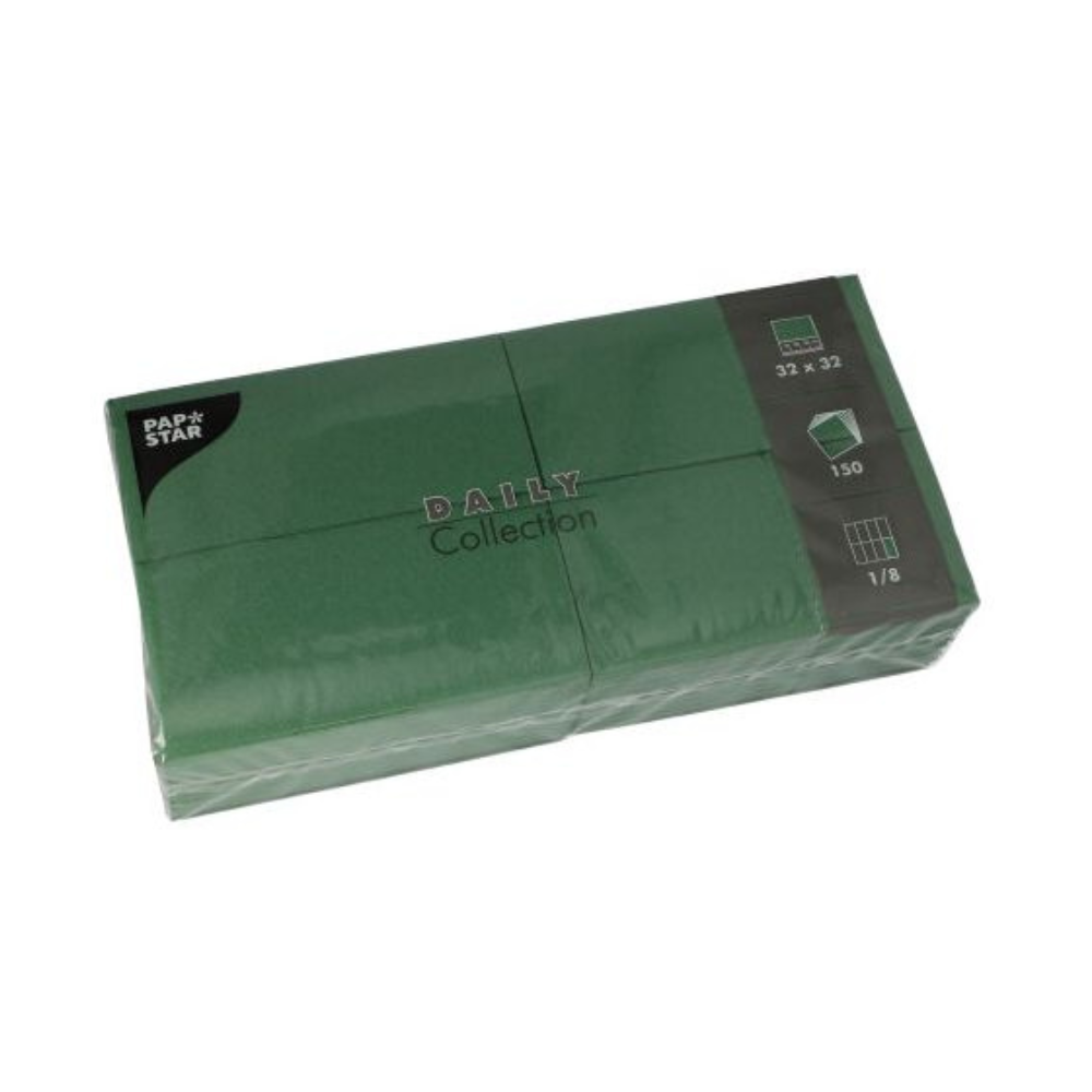 Un set di tovaglioli PAPSTAR in verde della "DAILY Collection" di PAPSTAR GmbH, confezionato in plastica, offre comfort sostenibile. I tovaglioli sono grandi 32 x 32 cm e vengono in una confezione di 150 pezzi, ideale per valorizzare la vostra decorazione della tavola.