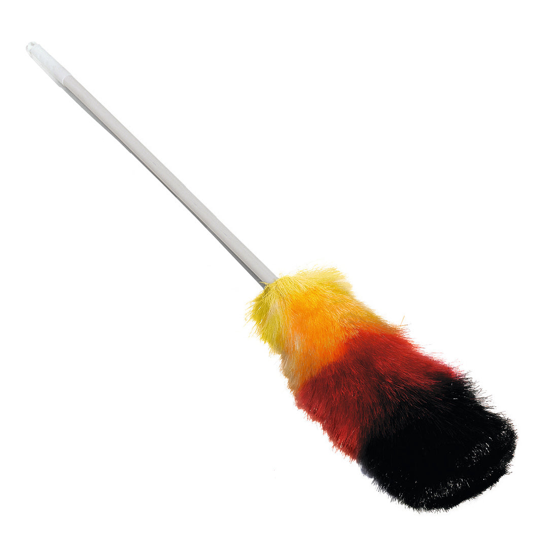 Der Nölle Profi Brush Staubwedel Synthetik (60 cm) von Nölle Profi Brush Bürsten- & Pinseltechnik e.K. sorgt mit seinem weißen Stiel und den mehrfarbigen Federn - gelb, orange, rot und schwarz - für eine effektive Reinigung.