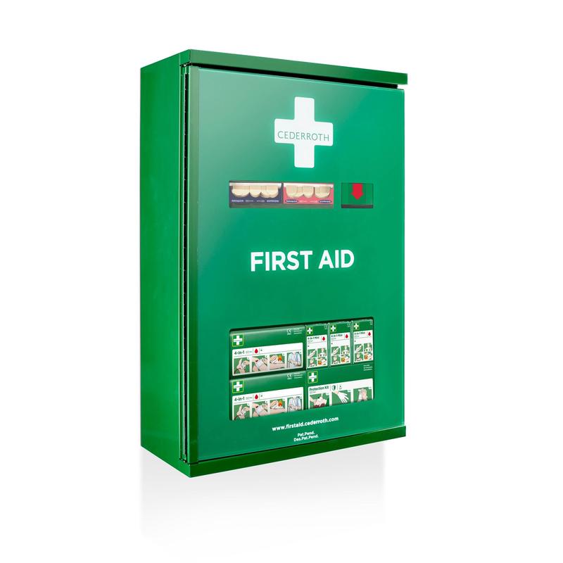 Armadietto di pronto soccorso Cederroth verde a doppia anta montato a parete (metallo) di Orkla Wound Care AB (L 385 x A 575 x P 170 mm) con croce bianca, scomparti di rifornimento visibili e istruzioni illustrate per un facile accesso.
