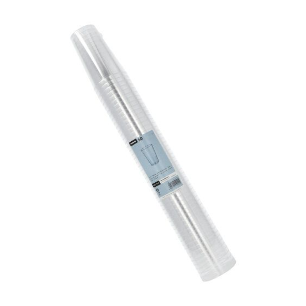 Una pila di bicchieri di plastica Starpak trasparenti, sigillati in un imballaggio trasparente con un'etichetta blu che indica 50 bicchieri.