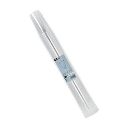 Una pila di bicchieri di plastica Starpak trasparenti, sigillati in un imballaggio trasparente con un'etichetta blu che indica 50 bicchieri.