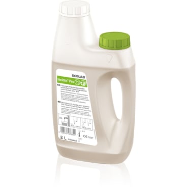 Una bottiglia da 2 litri di Ecolab Incidin Pro dotata di manico, con tappo bianco e verde sui lati opposti e un’etichetta bianca recante le informazioni sul prodotto e i simboli di sicurezza.