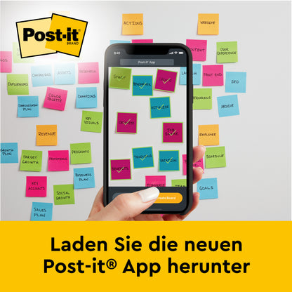 Eine Hand hält ein Smartphone mit der Post-it App und zeigt digitale Notizen. Dahinter zeigt eine Wand die Post-it® Super Sticky selbsthaftendes Meeting Chart 559P und Meeting Notes in Neonfarben von 3M Deutschland GmbH. Text: "Laden Sie die neue Post-it® App herunter.