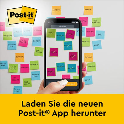Una persona tiene uno smartphone con una lavagna digitale con note colorate, mentre dietro c'è un muro con un Post-it® Super Sticky Mini Meeting Chart autoadesivo/Flipchart Mini 577SS di 3M Deutschland GmbH. Il testo tedesco sottostante promuove la nuova app Post-it.