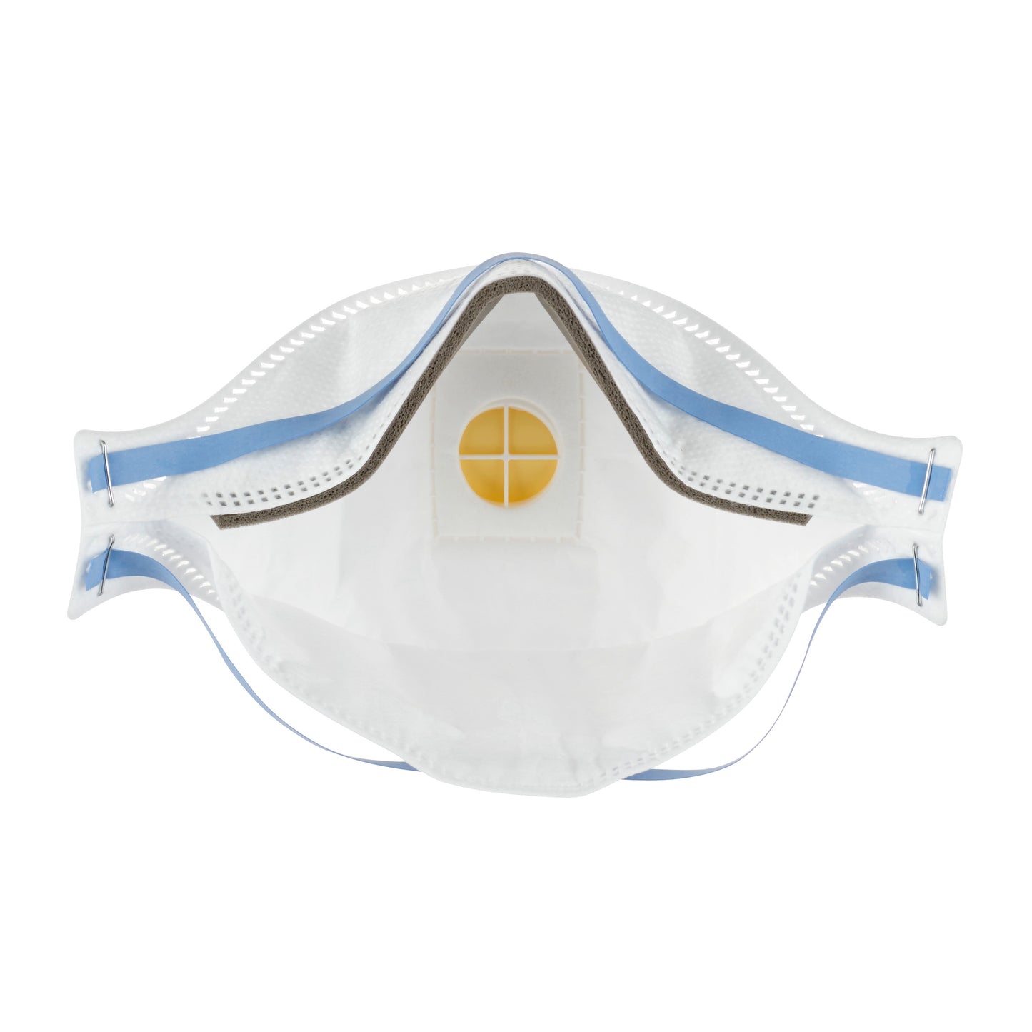 Un primo piano della maschera antiparticolato 3M™ Aura™ Comfort Cool Flow™ 9322+ (FFP2) di 3M Deutschland GmbH mostra la striscia nasale blu, la valvola di espirazione gialla e i lacci elastici per le orecchie su sfondo bianco.