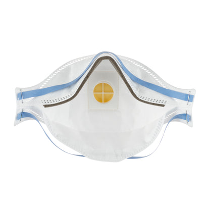 Un primo piano della maschera antiparticolato 3M™ Aura™ Comfort Cool Flow™ 9322+ (FFP2) di 3M Deutschland GmbH mostra la striscia nasale blu, la valvola di espirazione gialla e i lacci elastici per le orecchie su sfondo bianco.