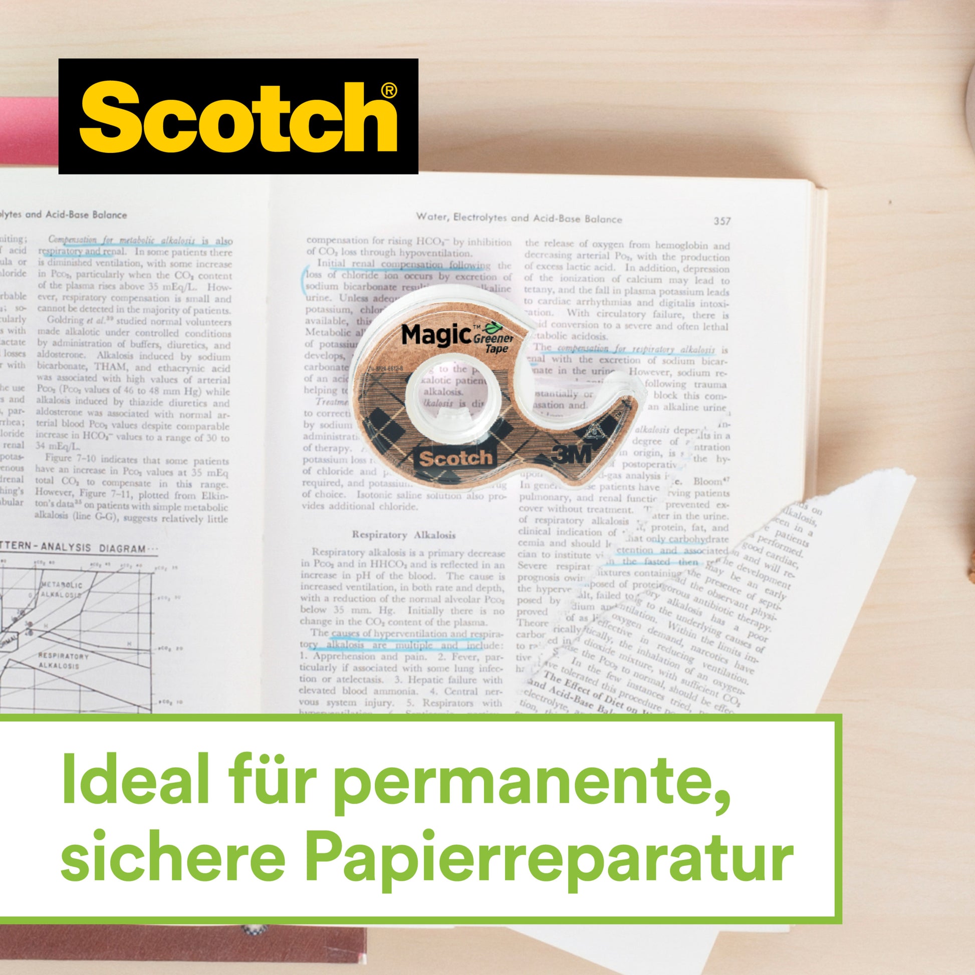 Auf einem offenen Buch mit markiertem Text repariert Scotch® Magic™ Klebeband (19 mm x 13,9 m, 66% pflanzenbasierter Klebstoff) eine Seite. Der silberne Edelstahl-Klebebandabroller von 3M ist daneben zu sehen. Ideal für sichere Papierreparatur.