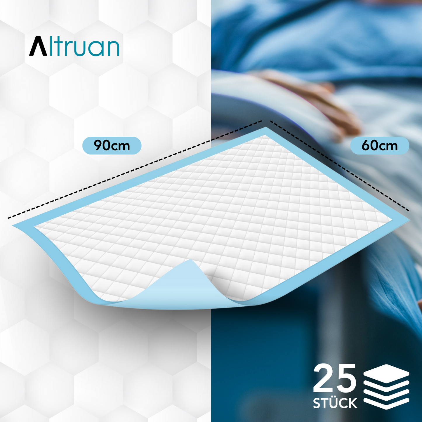 L'immagine mostra un pacchetto con 25 Altruflock® Protezioni per letto 60 x 90 cm Supersoft Estremamente Assorbenti di Altruan. Sullo sfondo si vede parzialmente una persona in un letto d'ospedale, con il focus sulle protezioni per letto. Il design è nei colori bianco e blu.