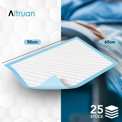 L'immagine mostra un pacchetto con 25 Altruflock® Protezioni per letto 60 x 90 cm Supersoft Estremamente Assorbenti di Altruan. Sullo sfondo si vede parzialmente una persona in un letto d'ospedale, con il focus sulle protezioni per letto. Il design è nei colori bianco e blu.