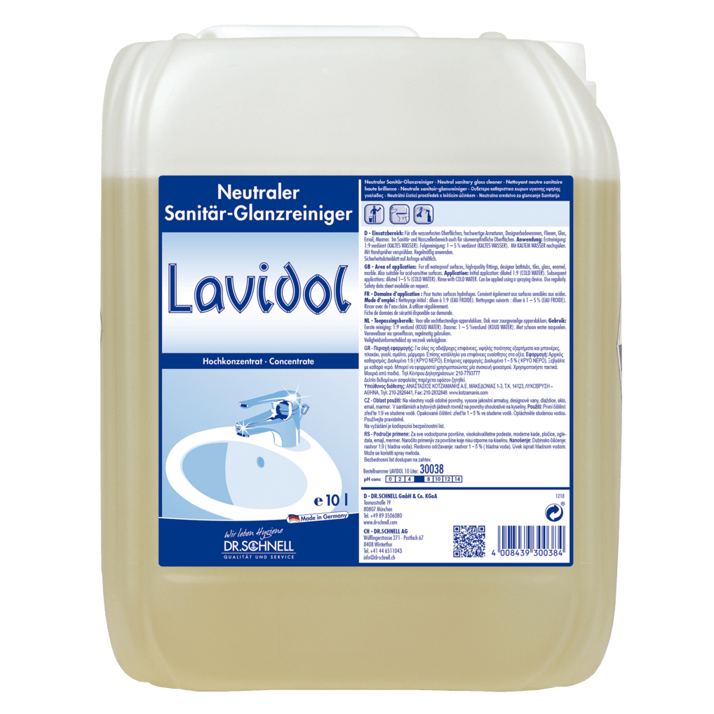 Un contenitore di plastica da 10 litri di Dr. Schnell LAVIDOL detergente sanitario della DR.SCHNELL GmbH & Co. KGaA, con un'etichetta blu-bianca con informazioni sull'uso e sul marchio e l'immagine di un lavandino con rubinetto.