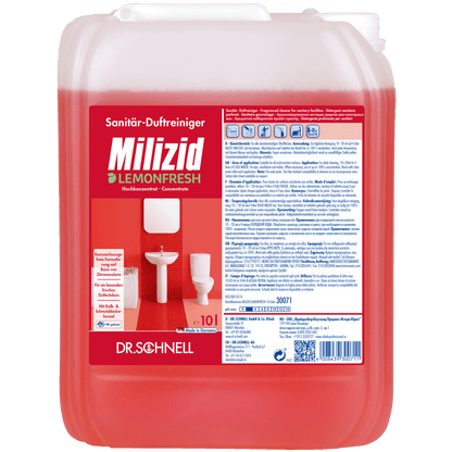 Un contenitore da 10 litri di Dr. Schnell MILIZID LEMONFRESH della DR.SCHNELL GmbH & Co. KGaA, un potente concentrato detergente sanitario con profumo di limone, mostra un'etichetta rossa con informazioni sul prodotto e immagini di un WC e di un lavandino.