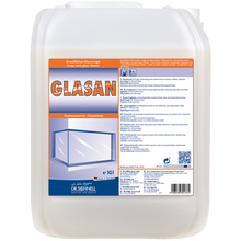 Ein 10-Liter-Kunststoffbehälter von Dr. Schnell GLASAN der DR.SCHNELL GmbH & Co. KGaA, mit blau-weißem Etikett mit Produktangaben, Gebrauchsanweisung und einer Abbildung einer Glasplatte für die streifenfreie Reinigung.
