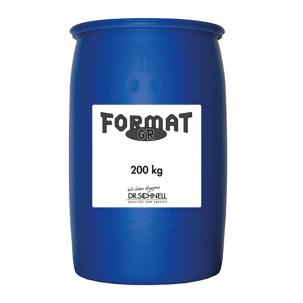 Un grande barile di plastica blu con la scritta "Dr. Schnell FORMAT GR 1, 200 kg" della DR.SCHNELL GmbH & Co. KGaA contiene detergente professionale. Il barile chiuso è posizionato su uno sfondo bianco e riflette qualità e servizio per i professionisti.