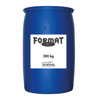 Un grande barile di plastica blu con la scritta "Dr. Schnell FORMAT GR 1, 200 kg" della DR.SCHNELL GmbH & Co. KGaA contiene detergente professionale. Il barile chiuso è posizionato su uno sfondo bianco e riflette qualità e servizio per i professionisti.