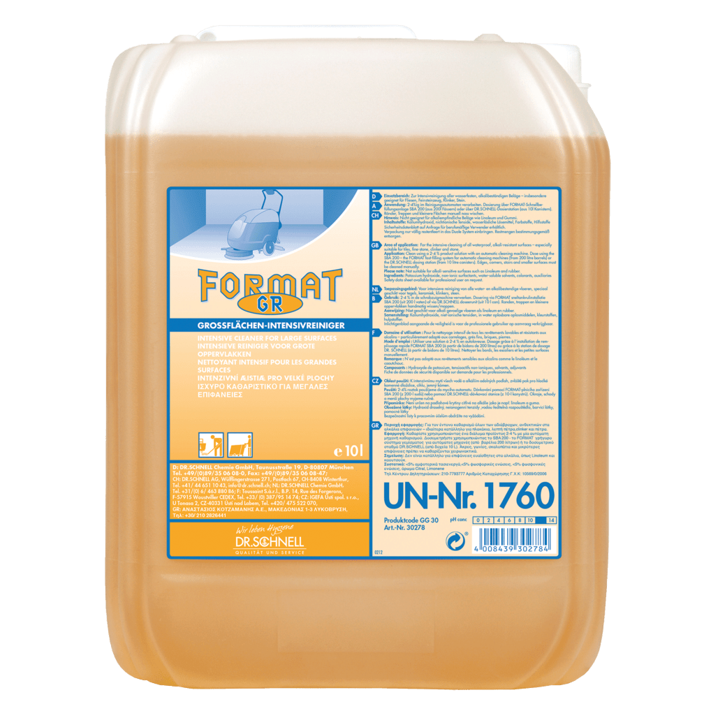 Un contenitore da 10 litri in plastica traslucida di Dr. Schnell FORMAT GR 1 della DR.SCHNELL GmbH & Co. KGaA, riempito con detergente giallo-arancio. L'etichetta tedesca contiene informazioni sul prodotto, indicazioni di sicurezza e il numero ONU 1760.