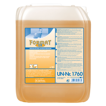 Un contenitore da 10 litri in plastica traslucida di Dr. Schnell FORMAT GR 1 della DR.SCHNELL GmbH & Co. KGaA, riempito con detergente giallo-arancio. L'etichetta tedesca contiene informazioni sul prodotto, indicazioni di sicurezza e il numero ONU 1760.