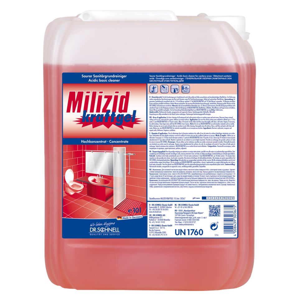 Un grande contenitore di plastica trasparente di Dr. Schnell MILIZID Kraftgel detergente sanitario (acido per pulizia di fondo) di DR.SCHNELL GmbH & Co. KGaA, riempito con liquido rosso e istruzioni in tedesco per la rimozione dei depositi minerali.