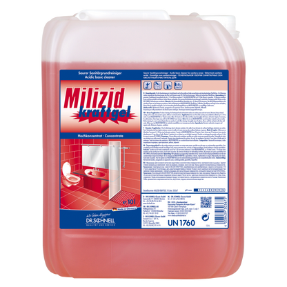 Un grande contenitore di plastica trasparente di Dr. Schnell MILIZID Kraftgel detergente sanitario (acido per pulizia di fondo) di DR.SCHNELL GmbH & Co. KGaA, riempito con liquido rosso e istruzioni in tedesco per la rimozione dei depositi minerali.