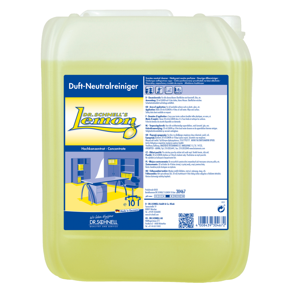 Un contenitore da 10 litri Dr. Schnell di DR.SCHNELL'S LEMON della DR.SCHNELL GmbH & Co. KGaA con liquido giallo e un'etichetta blu-gialla con informazioni sul prodotto, ideale per la pulizia efficace in casa.