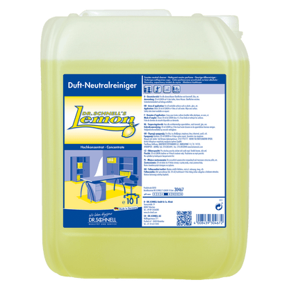 Un contenitore da 10 litri Dr. Schnell di DR.SCHNELL'S LEMON della DR.SCHNELL GmbH & Co. KGaA con liquido giallo e un'etichetta blu-gialla con informazioni sul prodotto, ideale per la pulizia efficace in casa.