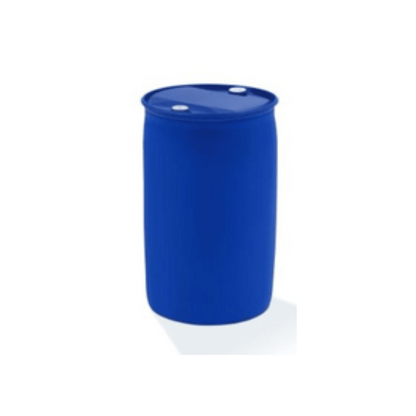 Un grande fusto di plastica blu di Dr. Schnell DR.SCHNELL'S LEMON della DR.SCHNELL GmbH & Co. KGaA, con coperchio chiuso e due tappi bianchi, utilizzato per detergenti domestici, in piedi su sfondo bianco.