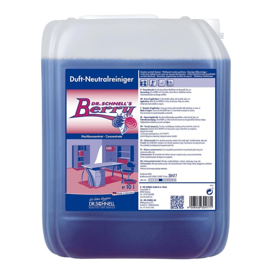 Un contenitore da 10 litri di Dr. Schnell BERRY di DR.SCHNELL della DR.SCHNELL GmbH & Co. KGaA, un potente detergente con profumo di bacche e liquido blu, con un'etichetta con informazioni sul prodotto, istruzioni per l'uso e un'immagine di un ufficio.