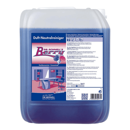 Un contenitore da 10 litri di Dr. Schnell BERRY di DR.SCHNELL della DR.SCHNELL GmbH & Co. KGaA, un potente detergente con profumo di bacche e liquido blu, con un'etichetta con informazioni sul prodotto, istruzioni per l'uso e un'immagine di un ufficio.