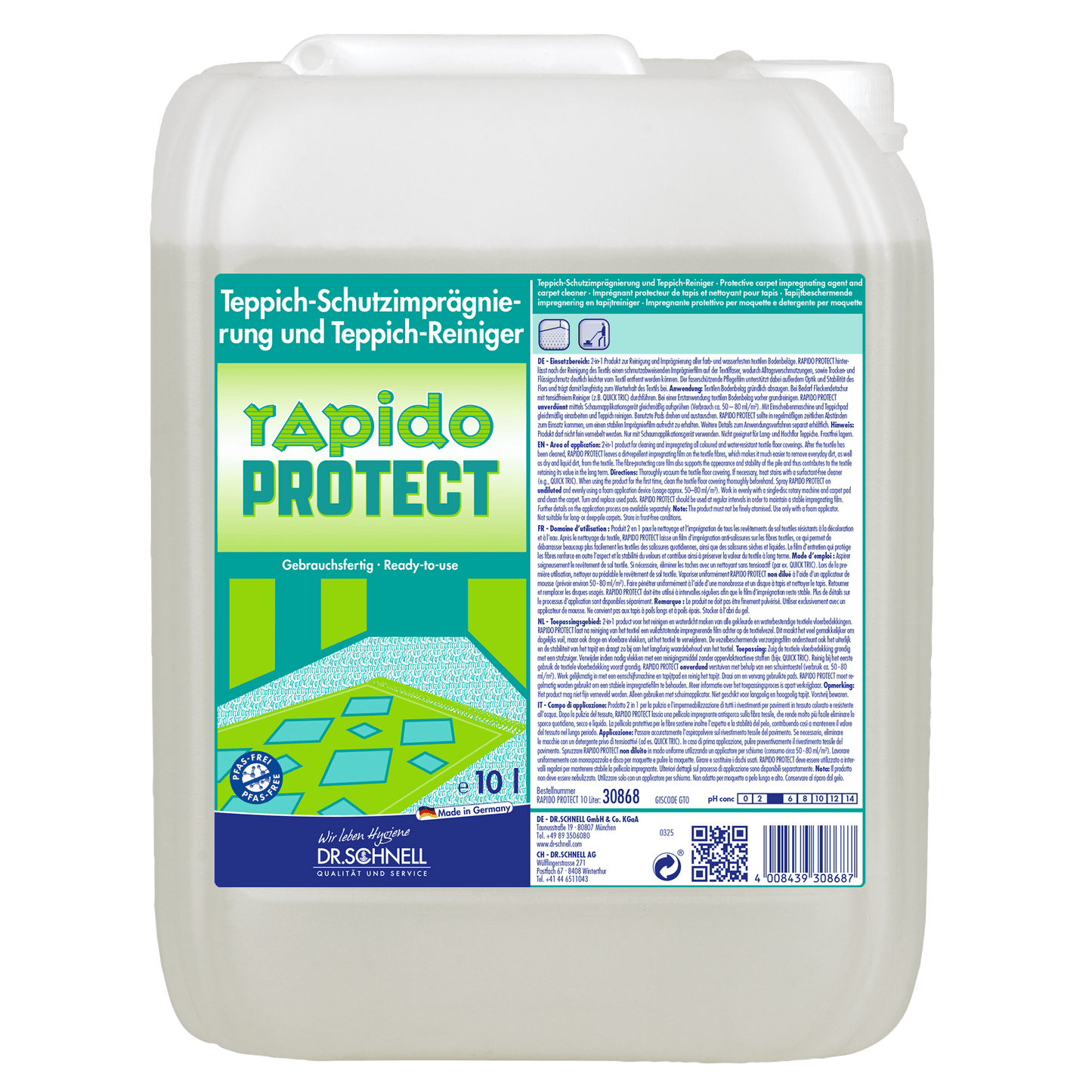 Un contenitore da 10L Dr. Schnell RAPIDO PROTECT pulizia veicoli, detergente per tappeti e impregnazione di DR.SCHNELL GmbH & Co. KGaA, con etichetta tedesca e grafica per tappeti. Ideale per la pulizia dei veicoli.