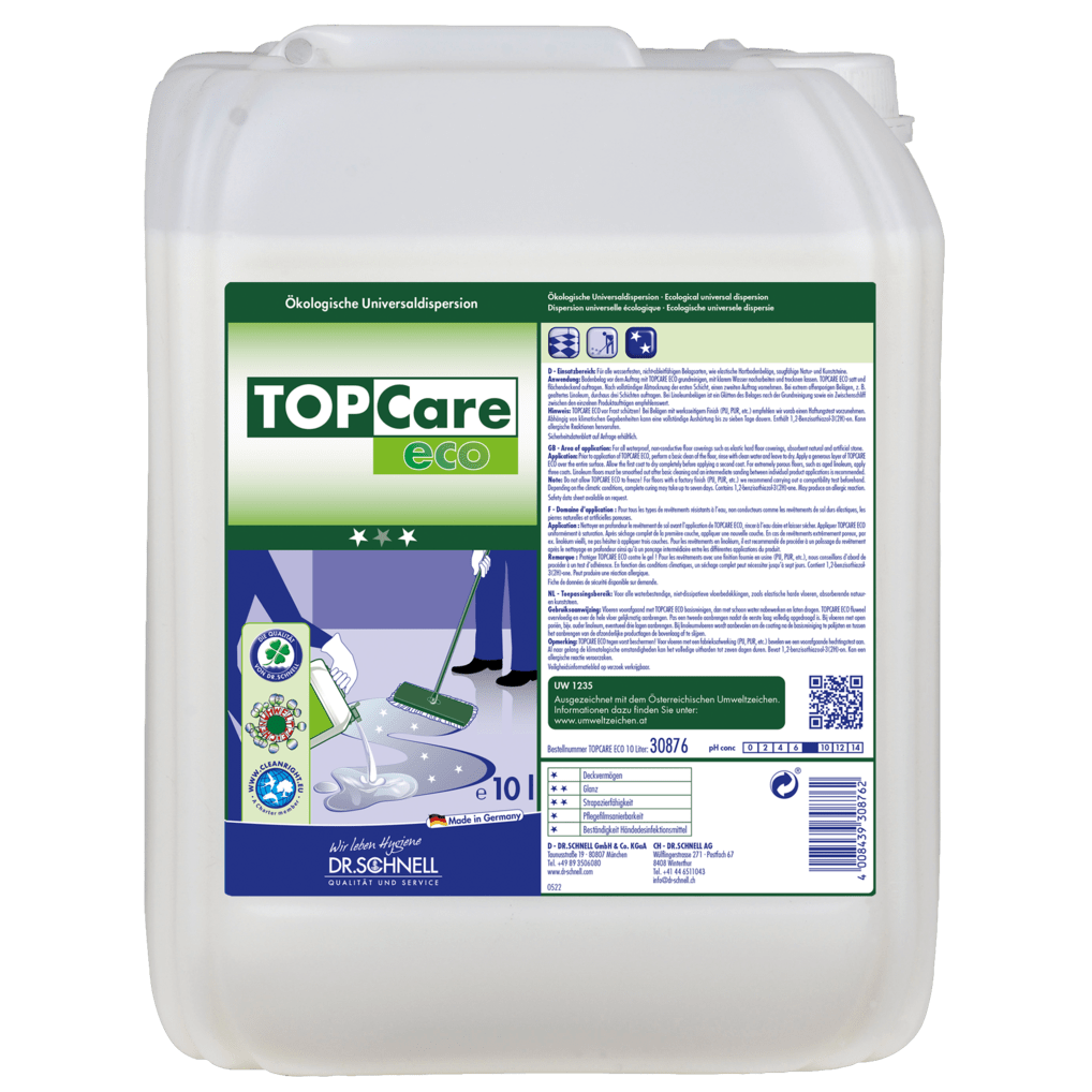 Un contenitore di plastica da 10 L della Dr. Schnell TOPCARE ECO Universaldispersion per la pulizia ecologica degli edifici della DR.SCHNELL GmbH & Co. KGaA ha un'etichetta verde-bianca con indicazioni multilingue, immagini e informazioni sul prodotto.
