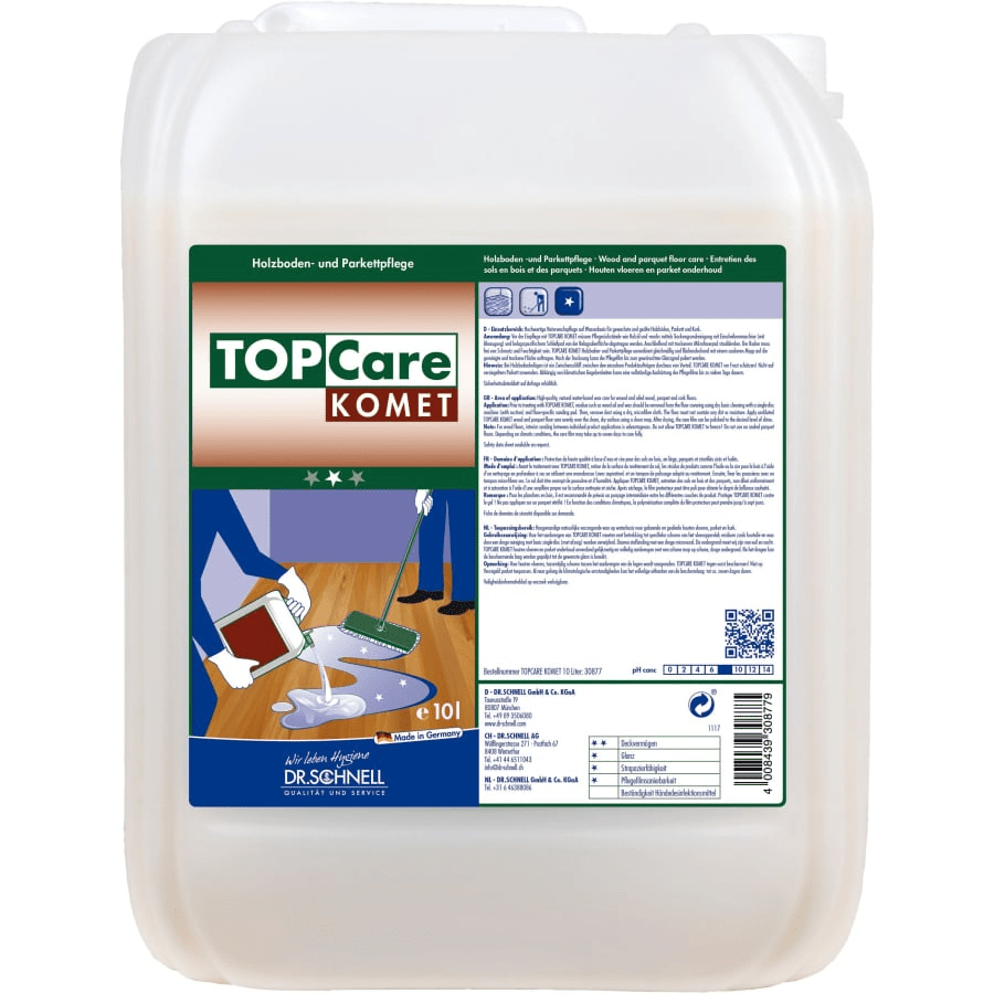 Un grande contenitore di plastica (10 l) del Dr. Schnell detergente per pavimenti TOPCARE Komet della DR.SCHNELL GmbH & Co. KGaA porta un'etichetta tedesca con istruzioni per l'uso e un'immagine della pulizia del pavimento.