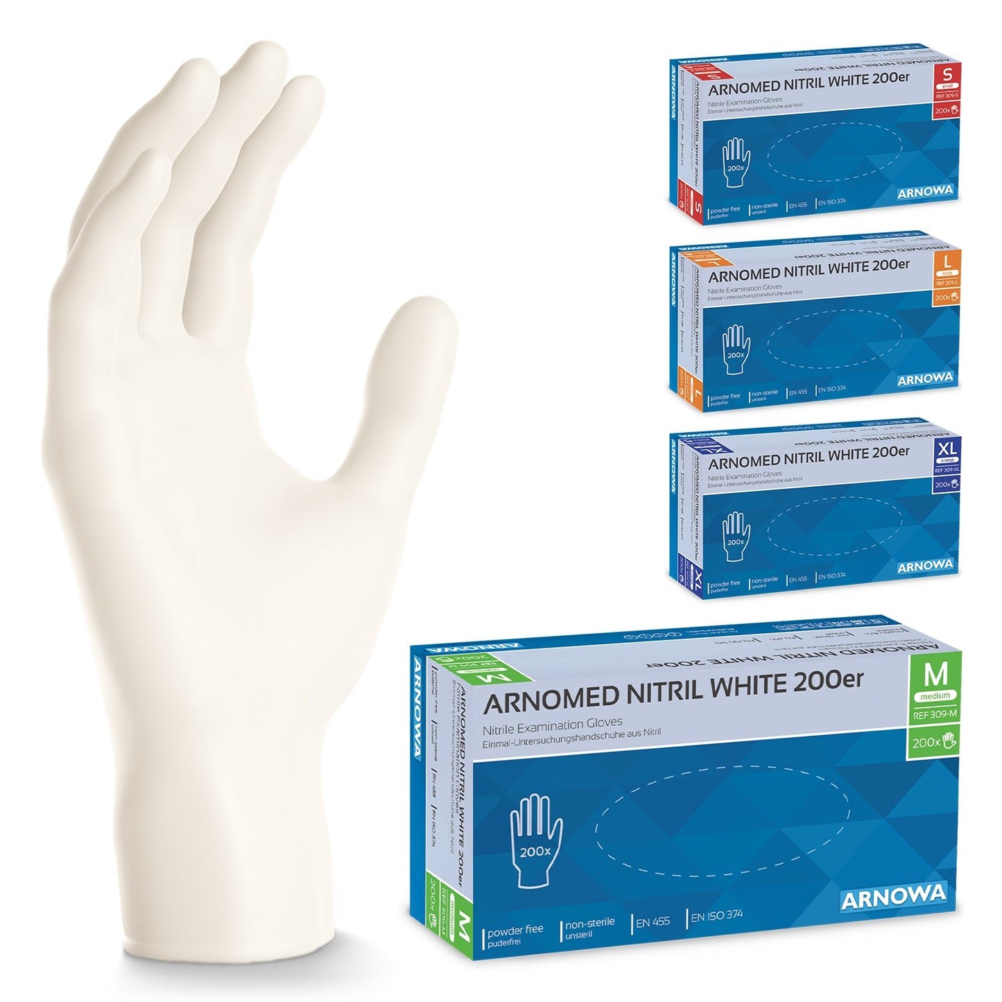 Un guanto in nitrile ARNOMED NITRIL WHITE 200er bianco della ARNOWA GmbH si trova accanto a quattro scatole di diverse dimensioni - piccolo, medio, grande ed extralarge - ciascuna con etichette di colore diverso.