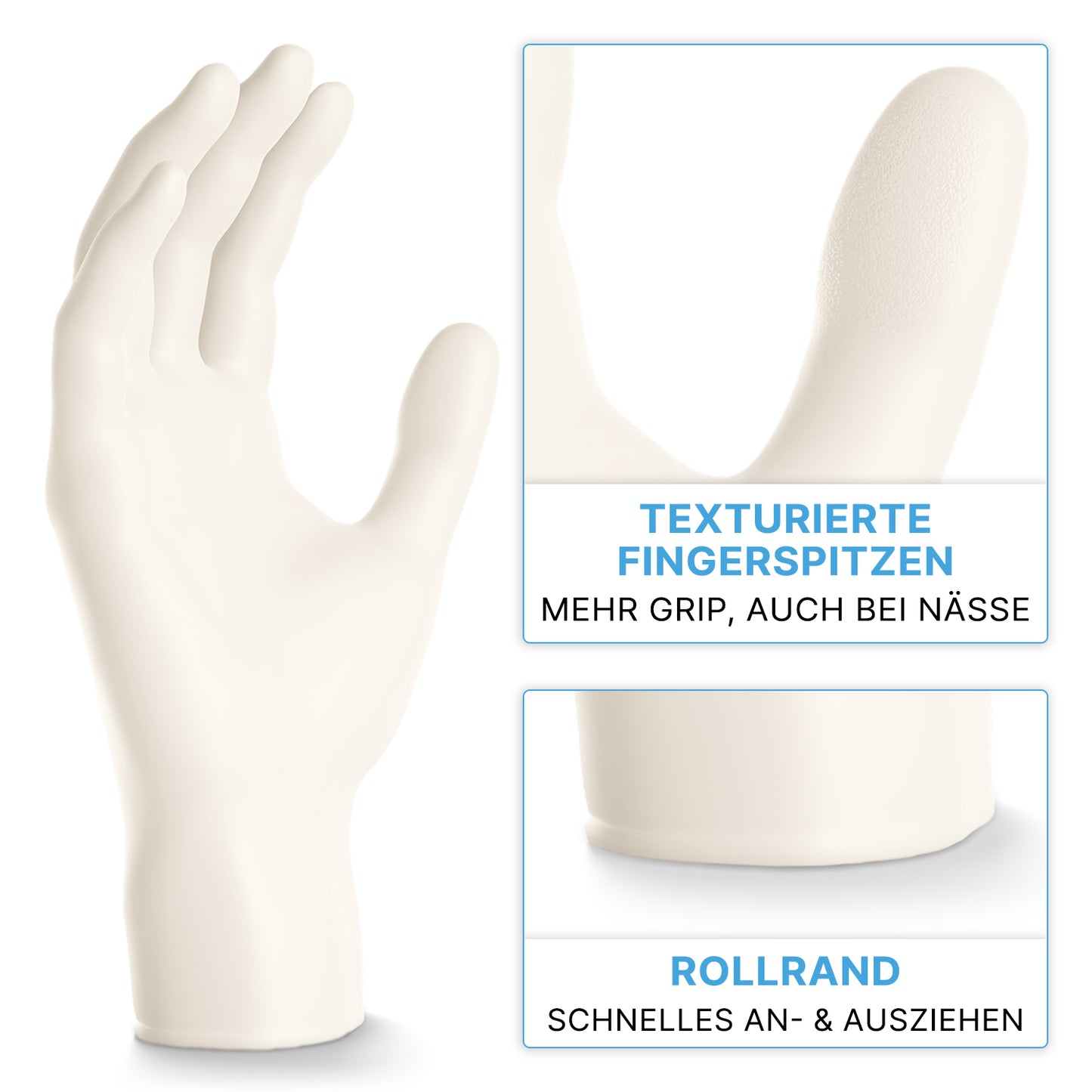 In piedi è raffigurato un guanto in nitrile ARNOMED NITRIL WHITE 200er della ARNOWA GmbH, che grazie alle sue punte delle dita testurizzate e al bordo arrotolato assicura presa e facilità di indossamento - ideale come guanto monouso.